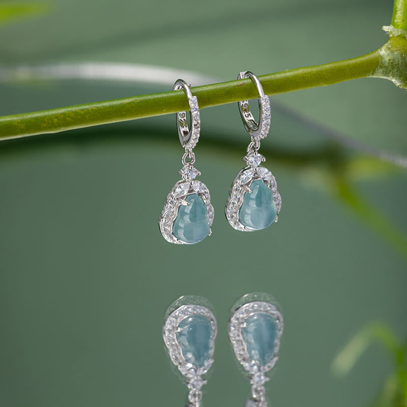 Pendientes colgantes de abundancia de calabaza de jade verde de plata de ley 925 con Buddha Stones