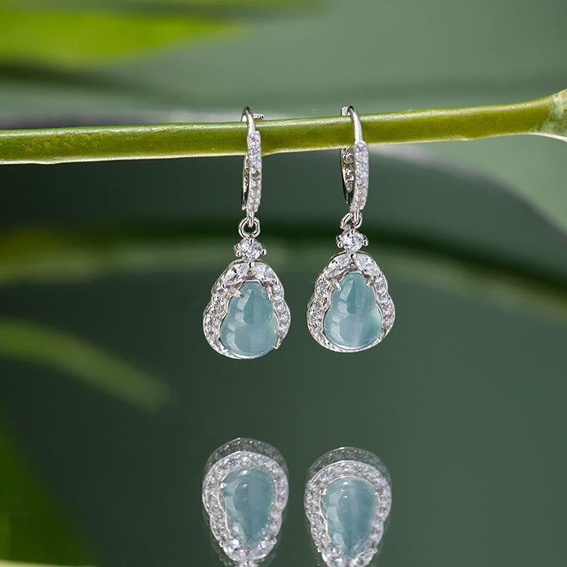 Pendientes colgantes de abundancia de calabaza de jade verde de plata de ley 925 con Buddha Stones
