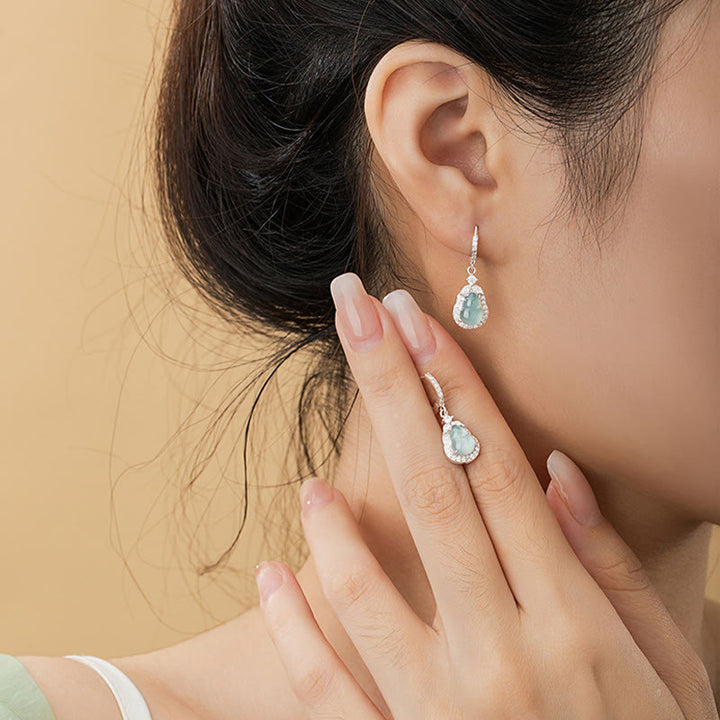 Pendientes colgantes de abundancia de calabaza de jade verde de plata de ley 925 con Buddha Stones