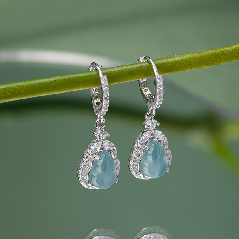 Pendientes colgantes de abundancia de calabaza de jade verde de plata de ley 925 con Buddha Stones