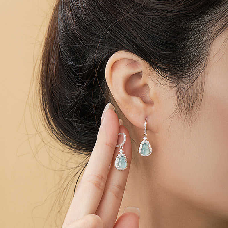 Pendientes colgantes de abundancia de calabaza de jade verde de plata de ley 925 con Buddha Stones