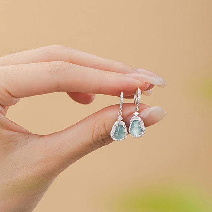 Pendientes colgantes de abundancia de calabaza de jade verde de plata de ley 925 con Buddha Stones