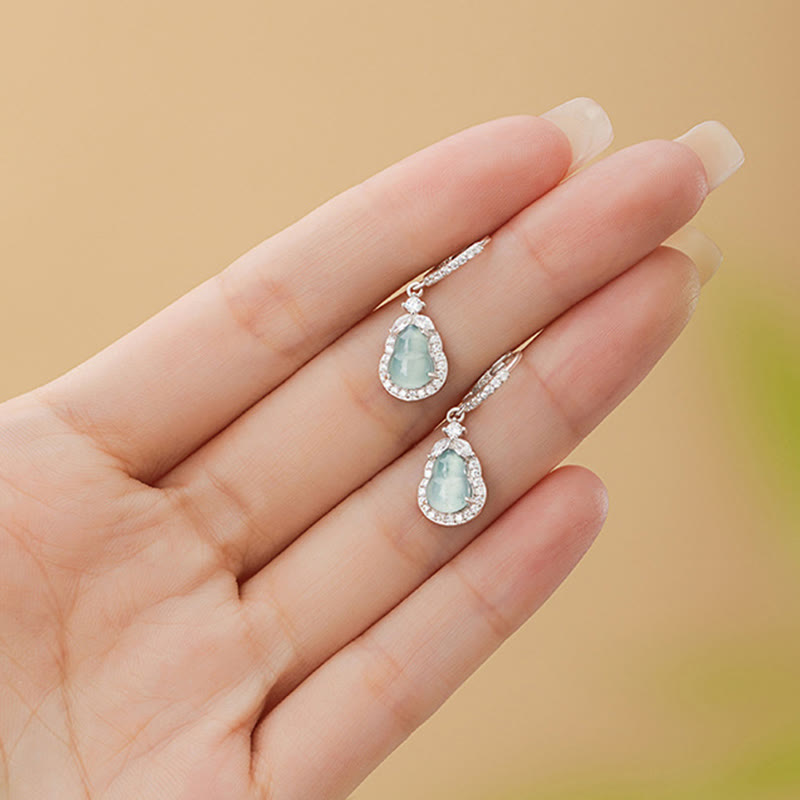 Pendientes colgantes de abundancia de calabaza de jade verde de plata de ley 925 con Buddha Stones