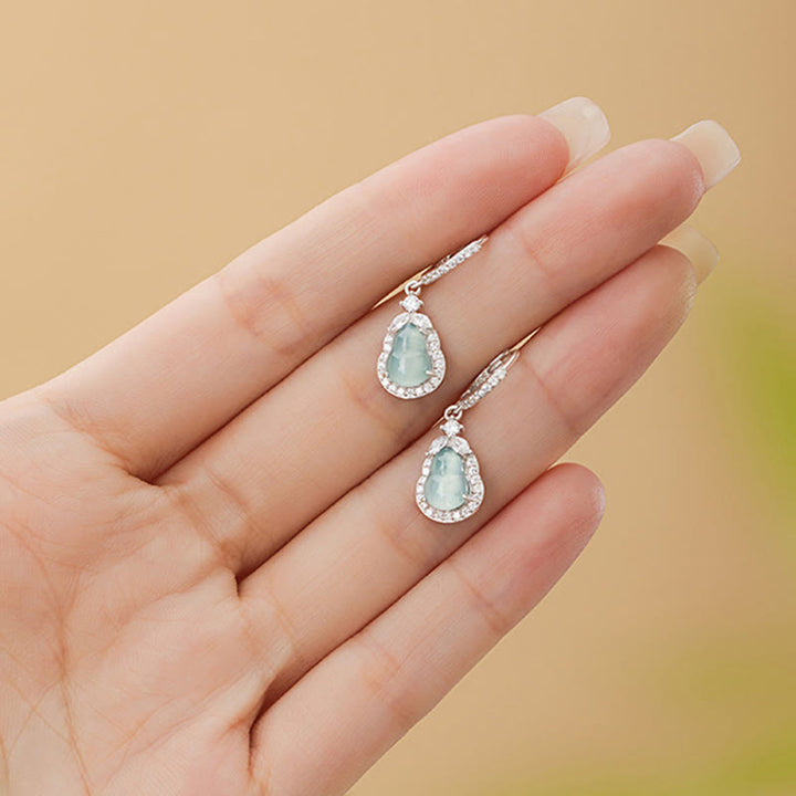 Pendientes colgantes de abundancia de calabaza de jade verde de plata de ley 925 con Buddha Stones