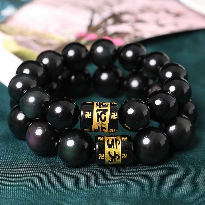 Pulsera positiva con Buddha Stones, obsidiana arcoíris, Om Mani Padme Hum, esvástica