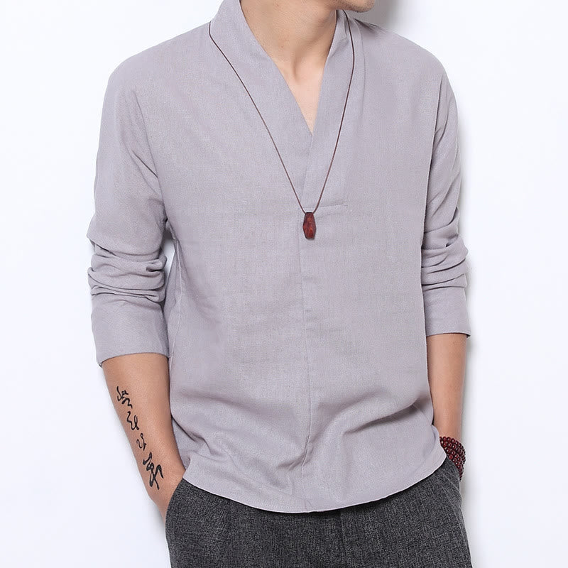 Buddha Stones Camisa casual de manga larga con cuello en V Ropa de hombre de lino - Gainsboro - US/UK/AU46, EU56 (5XL) - image 1