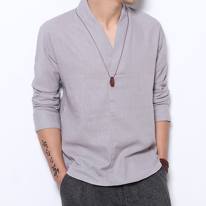 Buddha Stones Camisa casual de manga larga con cuello en V Ropa de hombre de lino - Gainsboro - US/UK/AU46, EU56 (5XL) - image 1