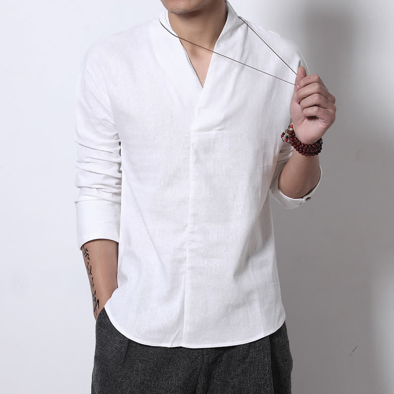 Buddha Stones Camisa casual de manga larga con cuello en V Ropa de hombre de lino - Blanco - US/UK/AU46, EU56 (5XL) - image 3