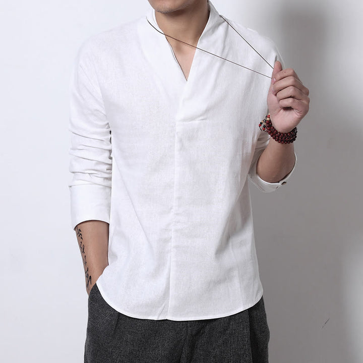 Buddha Stones Camisa casual de manga larga con cuello en V Ropa de hombre de lino - Blanco - US/UK/AU46, EU56 (5XL) - image 3