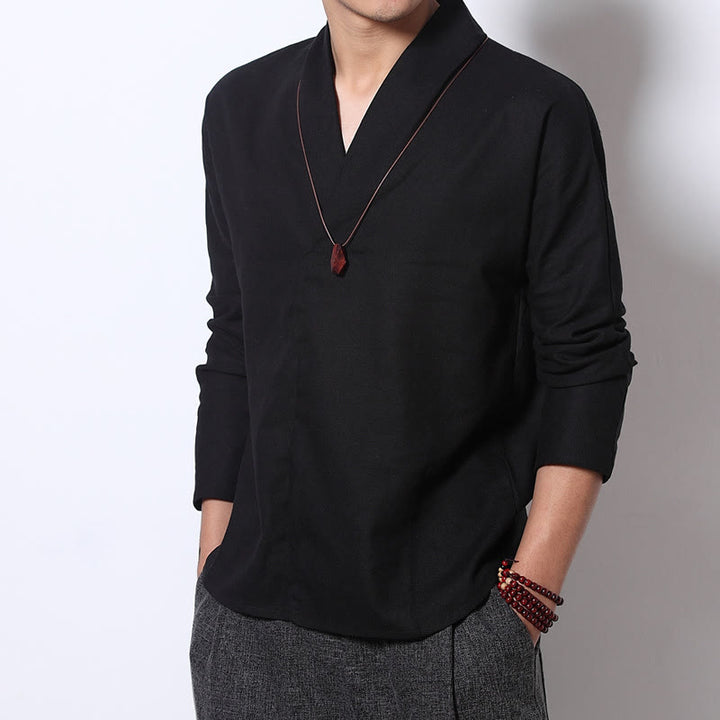 Buddha Stones Camisa casual de manga larga con cuello en V Ropa de hombre de lino - Negro - US/UK/AU46, EU56 (5XL) - image 7
