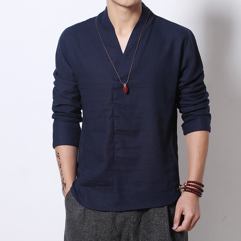 Buddha Stones Camisa casual de manga larga con cuello en V Ropa de hombre de lino - Azul acero - US/UK/AU46, EU56 (5XL) - image 9
