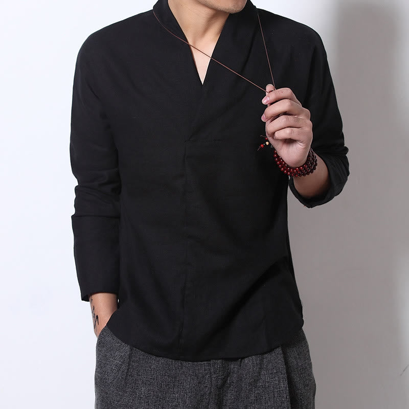 Buddha Stones Camisa casual de manga larga con cuello en V Ropa de hombre de lino - image 8
