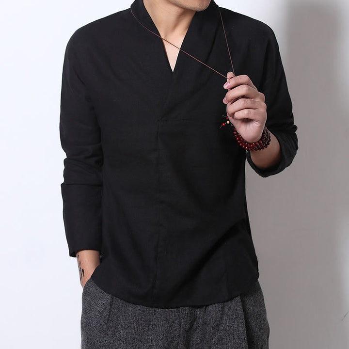 Buddha Stones Camisa casual de manga larga con cuello en V Ropa de hombre de lino - image 8