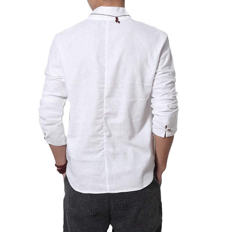 Buddha Stones Camisa casual de manga larga con cuello en V Ropa de hombre de lino - image 4