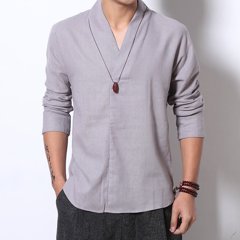 Buddha Stones Camisa casual de manga larga con cuello en V Ropa de hombre de lino - image 2