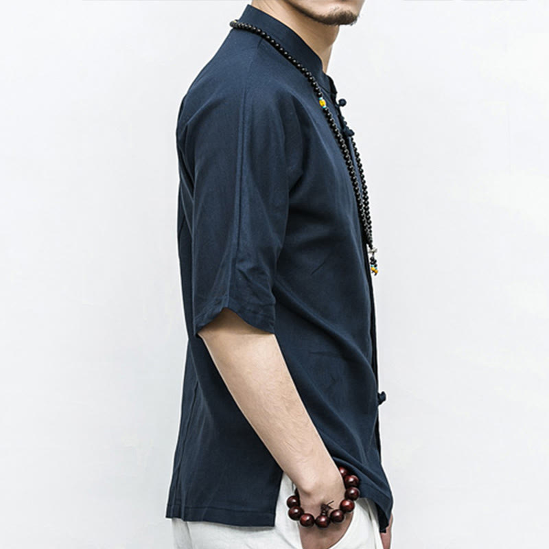 Buddha Stones Chino Rana Botón Tang Traje Zen Media Manga Camisa Lino Hombres Ropa - image 3