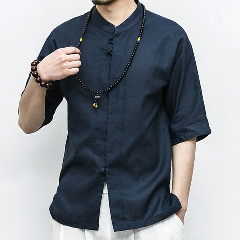 Buddha Stones Chino Rana Botón Tang Traje Zen Media Manga Camisa Lino Hombres Ropa - image 2