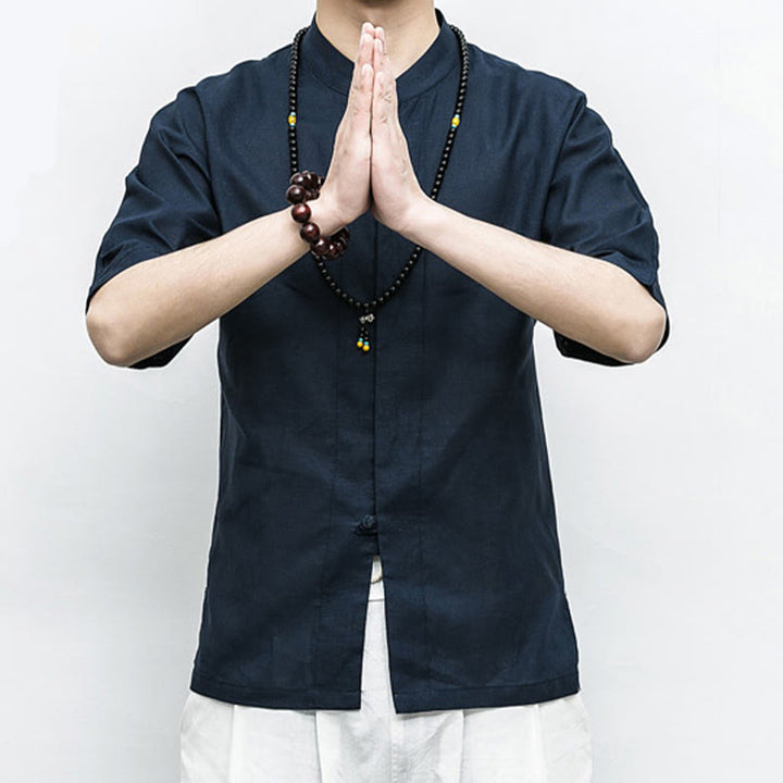 Buddha Stones Chino Rana Botón Tang Traje Zen Media Manga Camisa Lino Hombres Ropa - image 3