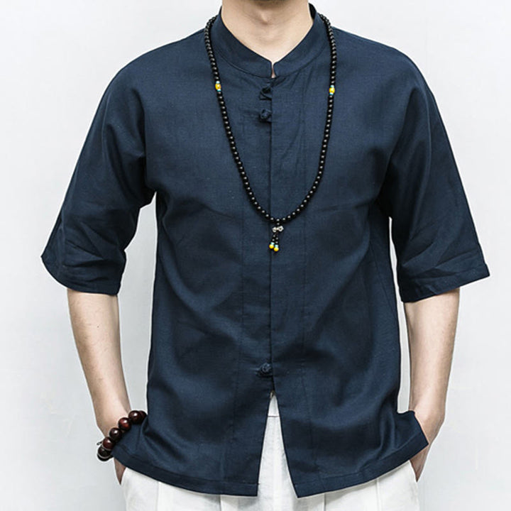 Buddha Stones Chino Rana Botón Tang Traje Zen Media Manga Camisa Lino Hombres Ropa - image 5
