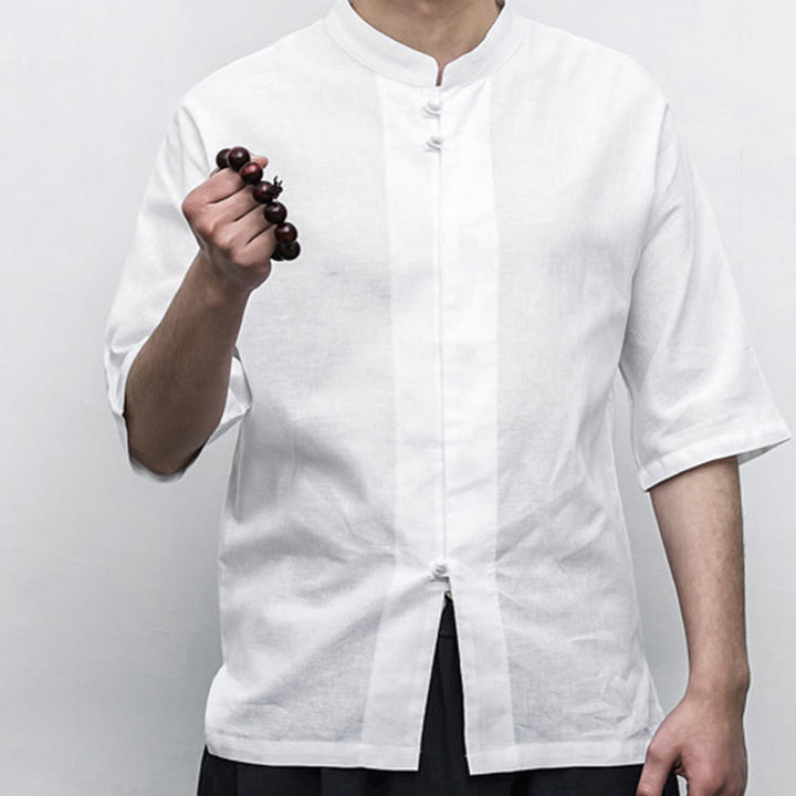 Buddha Stones Chino Rana Botón Tang Traje Zen Media Manga Camisa Lino Hombres Ropa - image 11