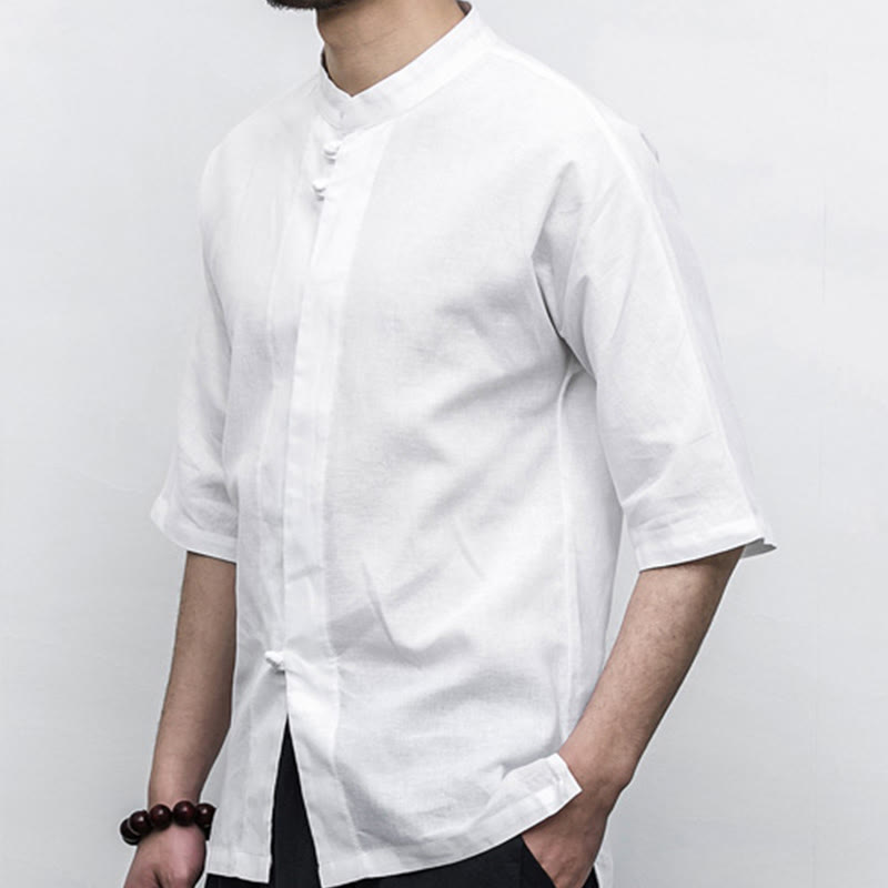 Buddha Stones Chino Rana Botón Tang Traje Zen Media Manga Camisa Lino Hombres Ropa - image 7