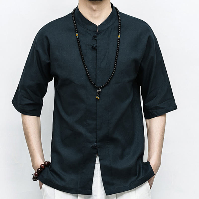 Buddha Stones Chino Rana Botón Tang Traje Zen Media Manga Camisa Lino Hombres Ropa - Negro - US/UK/AU46, EU56 (5XL)  - image 13