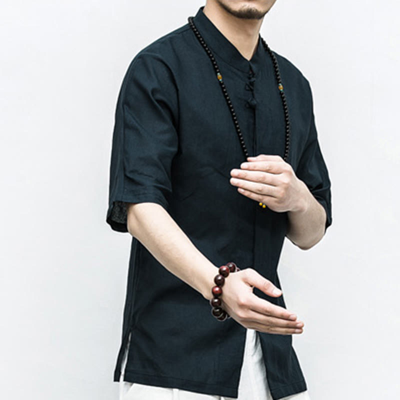 Buddha Stones Chino Rana Botón Tang Traje Zen Media Manga Camisa Lino Hombres Ropa - image 16