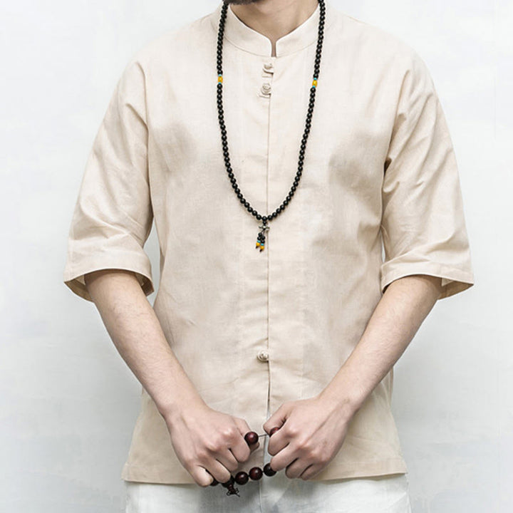 Buddha Stones Chino Rana Botón Tang Traje Zen Media Manga Camisa Lino Hombres Ropa - image 19