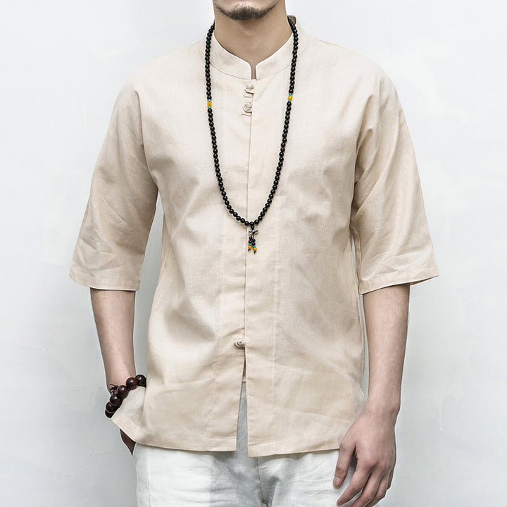 Buddha Stones Chino Rana Botón Tang Traje Zen Media Manga Camisa Lino Hombres Ropa - Lino - US/UK/AU46, EU56 (5XL)  - image 18