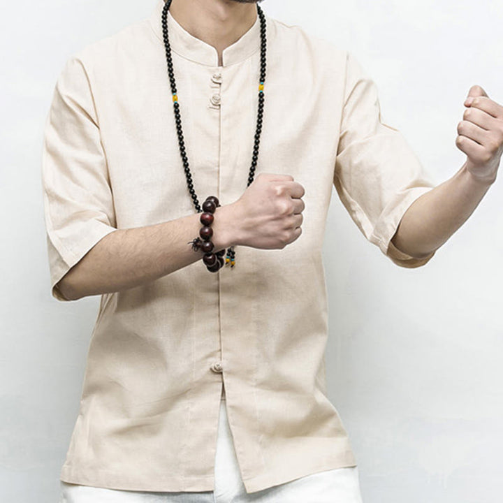 Buddha Stones Chino Rana Botón Tang Traje Zen Media Manga Camisa Lino Hombres Ropa - image 22