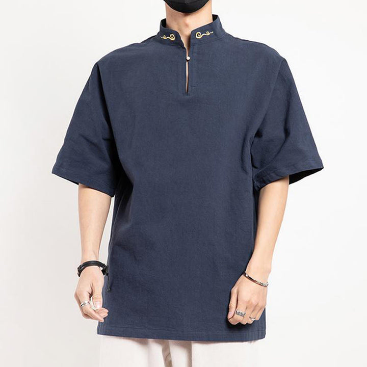 Traje Tang chino con Buddha Stones , camisa de media manga bordada, ropa de lino para hombre