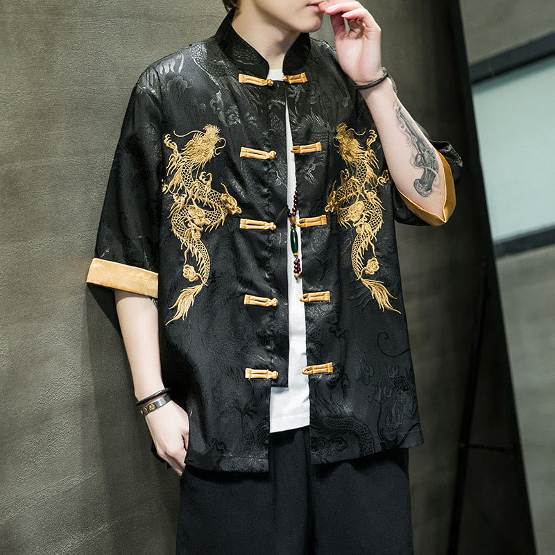 Camisa de media manga con bordado de dragón chino con botones de Buddha Stones , ropa de lino para hombre - image 4