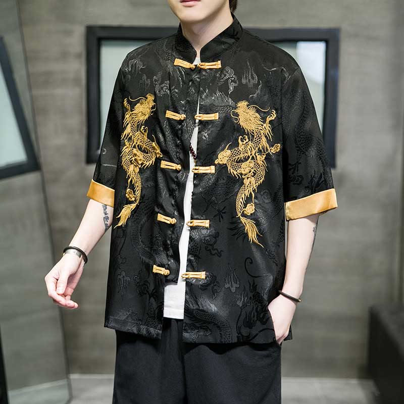 Camisa de media manga con bordado de dragón chino con botones de Buddha Stones , ropa de lino para hombre - Negro - US/UK/AU48，EU58(5XL)  - image 0