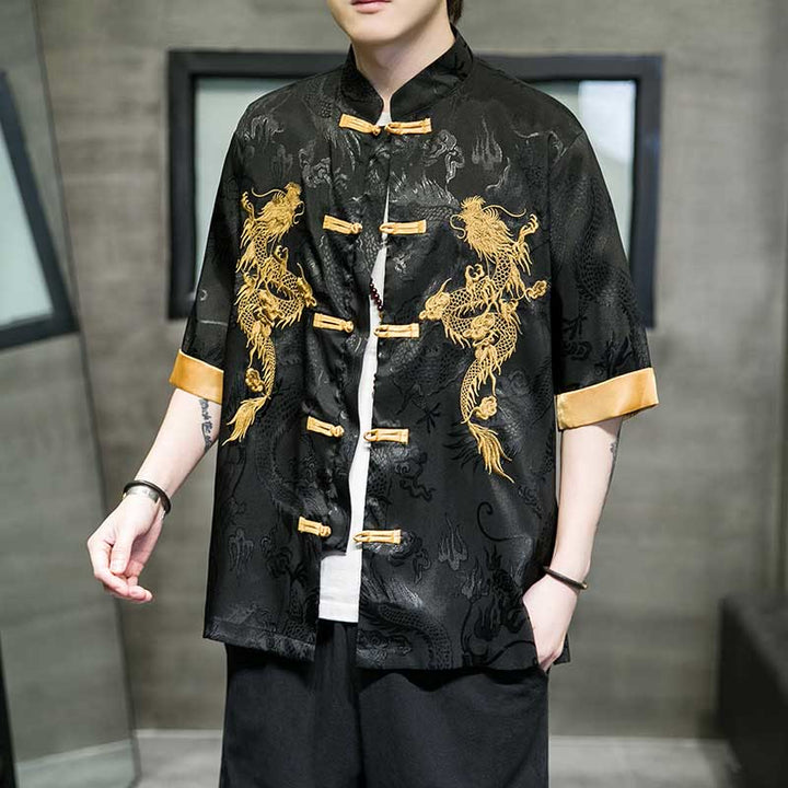 Camisa de media manga con bordado de dragón chino con botones de Buddha Stones , ropa de lino para hombre - Negro - US/UK/AU48，EU58(5XL)  - image 0