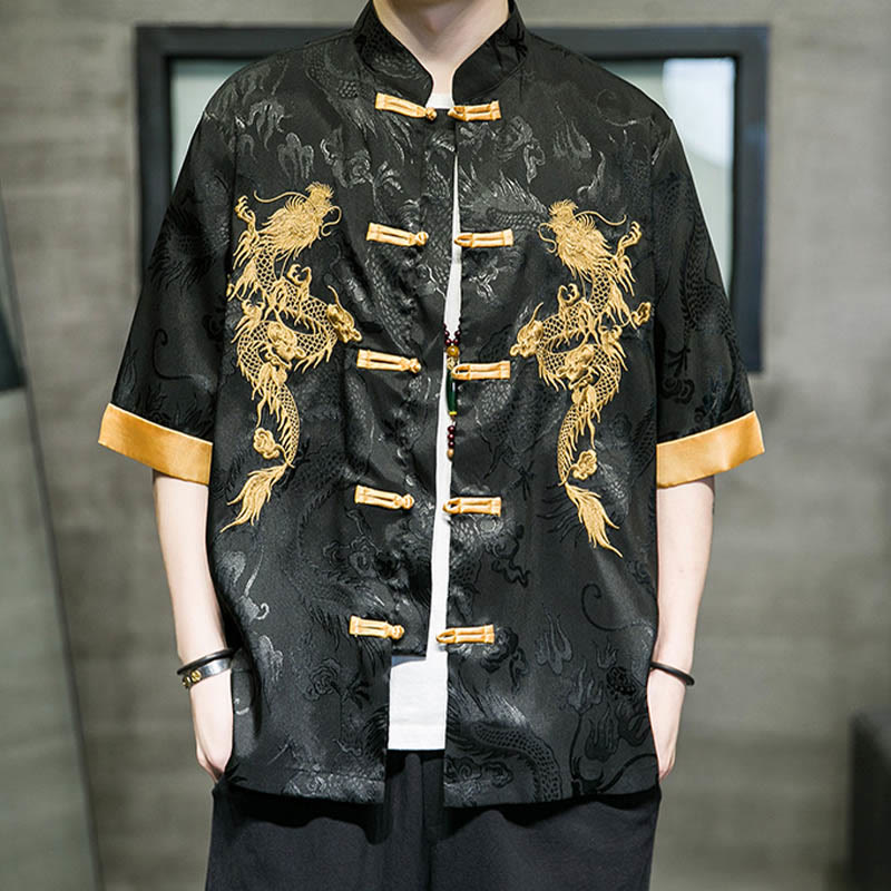 Camisa de media manga con bordado de dragón chino con botones de Buddha Stones , ropa de lino para hombre - image 5