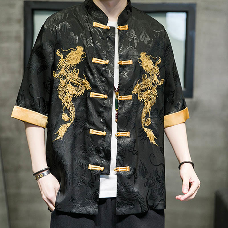 Camisa de media manga con bordado de dragón chino con botones de Buddha Stones , ropa de lino para hombre - image 8