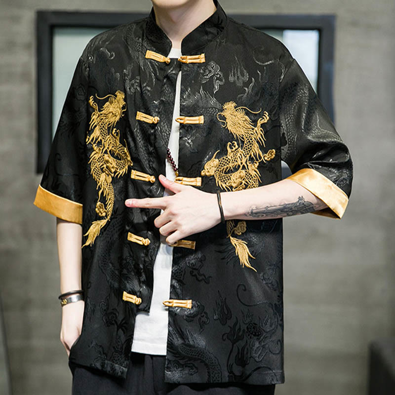 Camisa de media manga con bordado de dragón chino con botones de Buddha Stones , ropa de lino para hombre - image 6