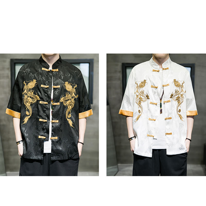 Camisa de media manga con bordado de dragón chino con botones de Buddha Stones , ropa de lino para hombre - image 19