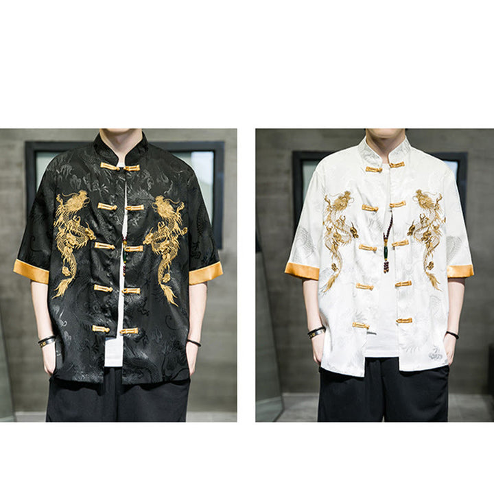 Camisa de media manga con bordado de dragón chino con botones de Buddha Stones , ropa de lino para hombre - image 19