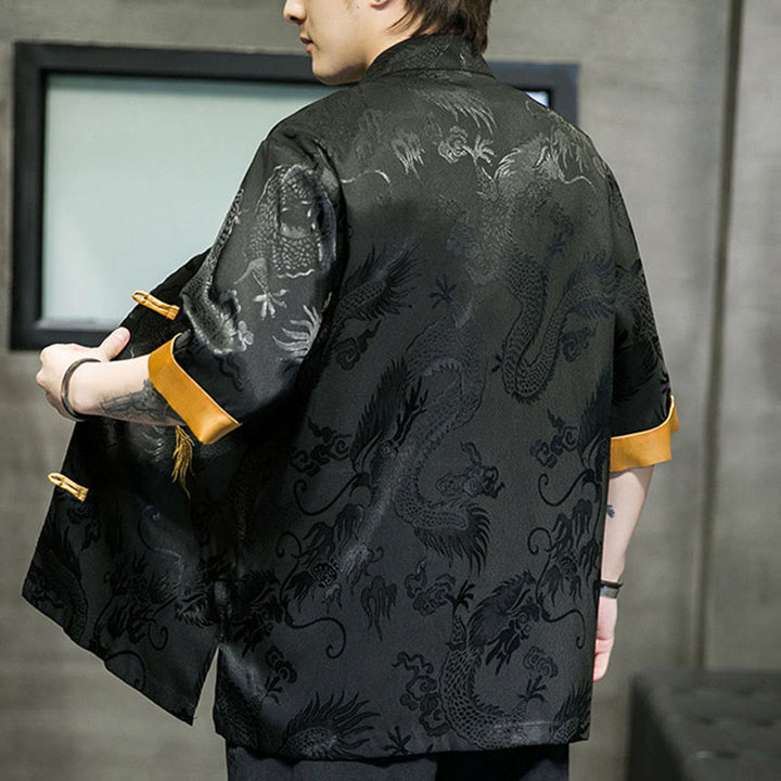 Camisa de media manga con bordado de dragón chino con botones de Buddha Stones , ropa de lino para hombre - image 2