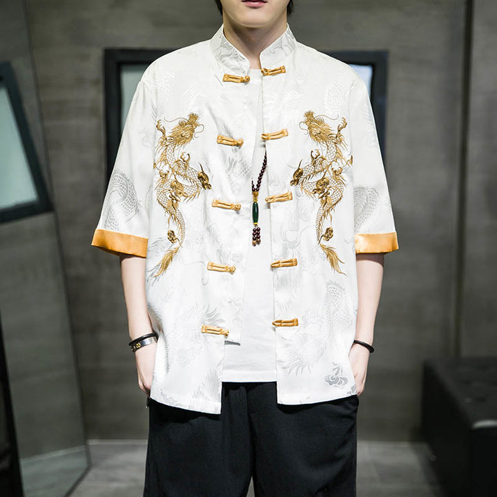 Camisa de media manga con bordado de dragón chino con botones de Buddha Stones , ropa de lino para hombre - image 12
