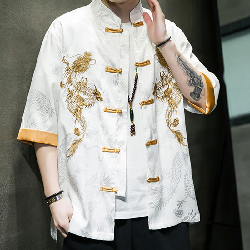 Camisa de media manga con bordado de dragón chino con botones de Buddha Stones , ropa de lino para hombre - image 16