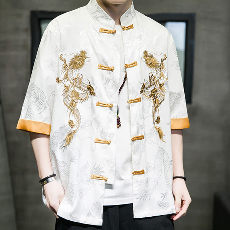 Camisa de media manga con bordado de dragón chino con botones de Buddha Stones , ropa de lino para hombre - image 14