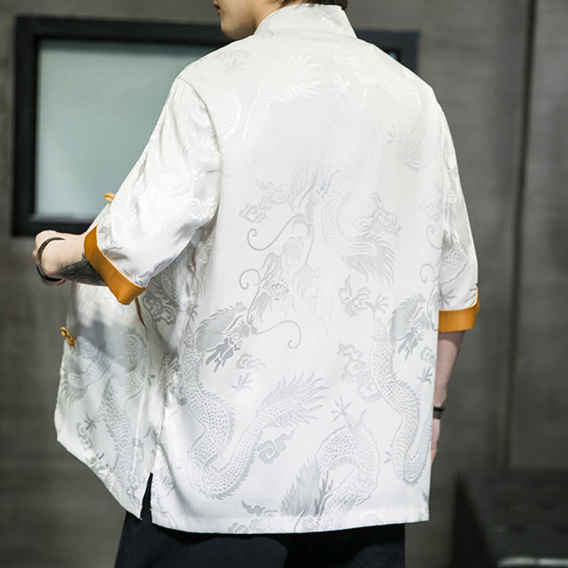 Camisa de media manga con bordado de dragón chino con botones de Buddha Stones , ropa de lino para hombre - image 13