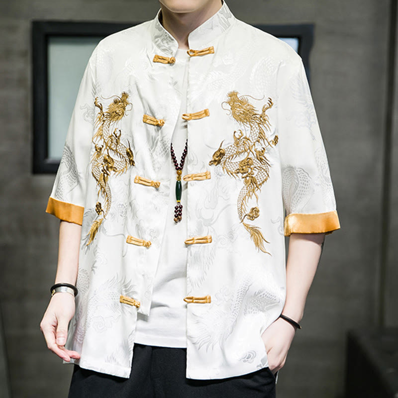 Camisa de media manga con bordado de dragón chino con botones de Buddha Stones , ropa de lino para hombre - image 17