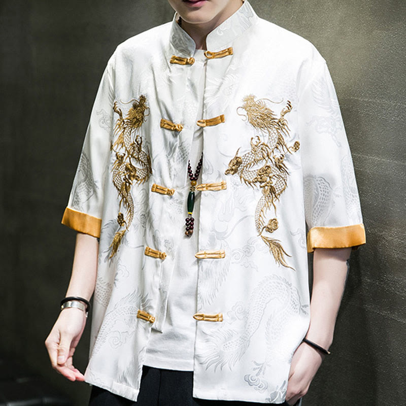 Camisa de media manga con bordado de dragón chino con botones de Buddha Stones , ropa de lino para hombre - image 18