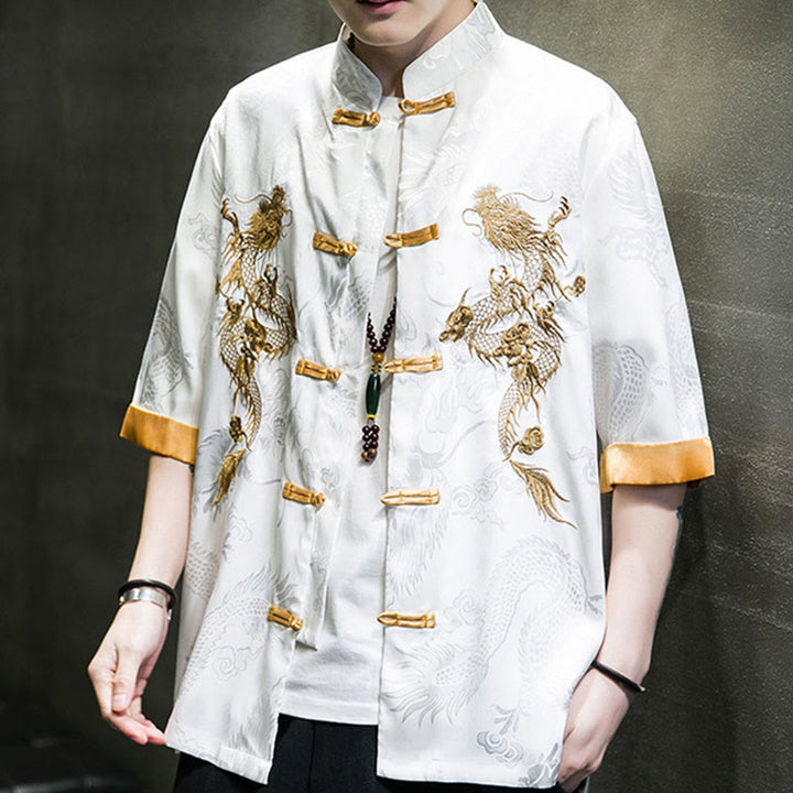 Camisa de media manga con bordado de dragón chino con botones de Buddha Stones , ropa de lino para hombre - image 18