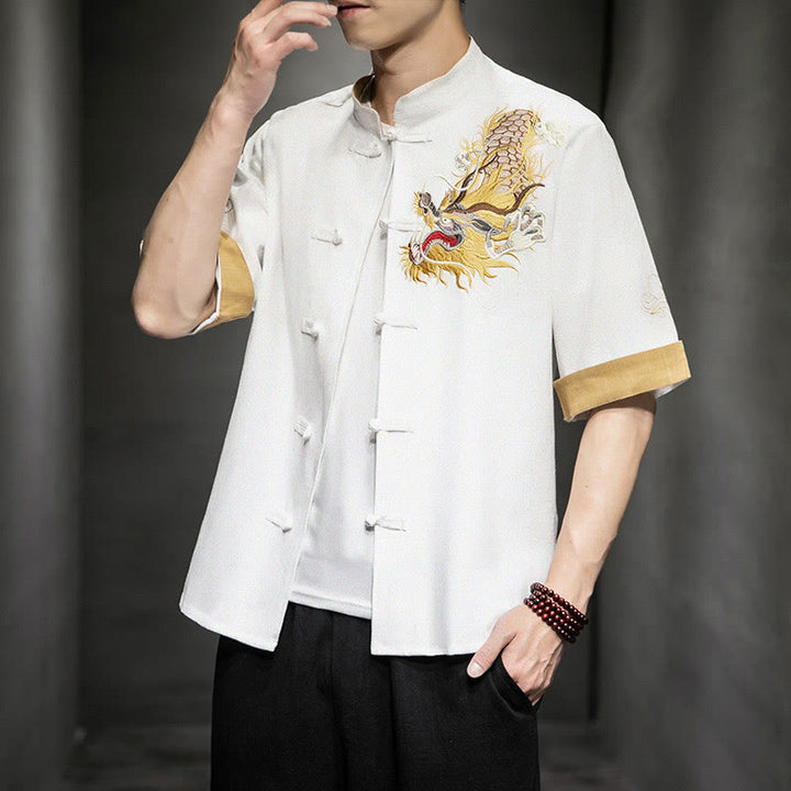 Camisa de media manga con bordado de nubes para hombre, ropa de lino y algodón, con botones de Buddha Stones , dragón chino - image 25