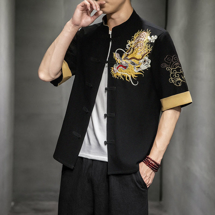 Camisa de media manga con bordado de nubes para hombre, ropa de lino y algodón, con botones de Buddha Stones , dragón chino - image 5