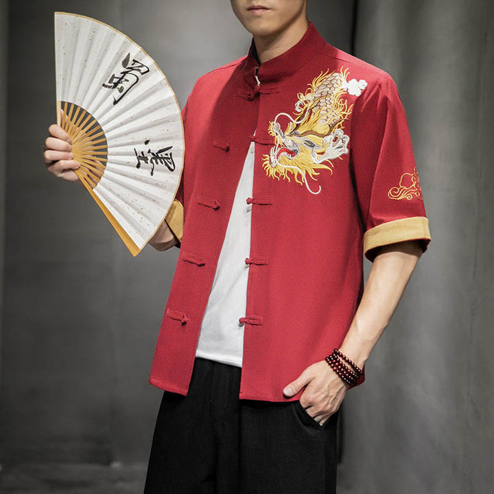 Camisa de media manga con bordado de nubes para hombre, ropa de lino y algodón, con botones de Buddha Stones , dragón chino - image 13